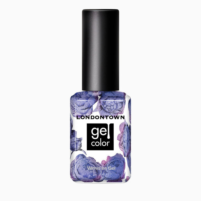 A bottle of LONDONTOWN Wildberry Freeze gel color nail polish with a black cap and floral label, featuring a stunning purple shade with a subtle blue shimmer shift.