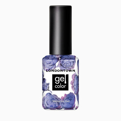 A bottle of LONDONTOWN Wildberry Freeze gel color nail polish with a black cap and floral label, featuring a stunning purple shade with a subtle blue shimmer shift.