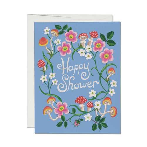 Blue floral greeting card with mushrooms, vines, and “Happy Shower” text