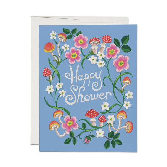 Blue floral greeting card with mushrooms, vines, and “Happy Shower” text