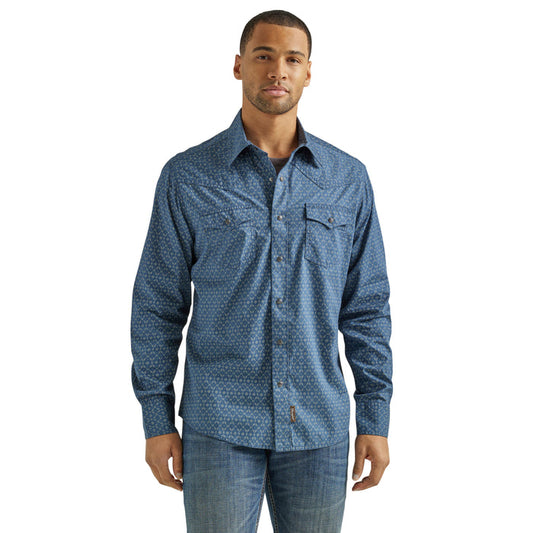 Wrangler Men's Retro Premium Western Snap Print Shirt- Blue Flower Chain