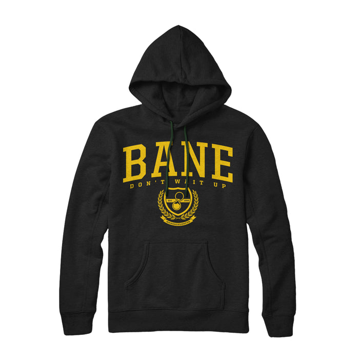 Bane black hoodie by Independent Trading Company with a bold yellow “BANE” front graphic, “DONT WILT UP”, gold laurel wreath, and kettlebell. Premium Heavyweight Pullover offers ultimate comfort and style.