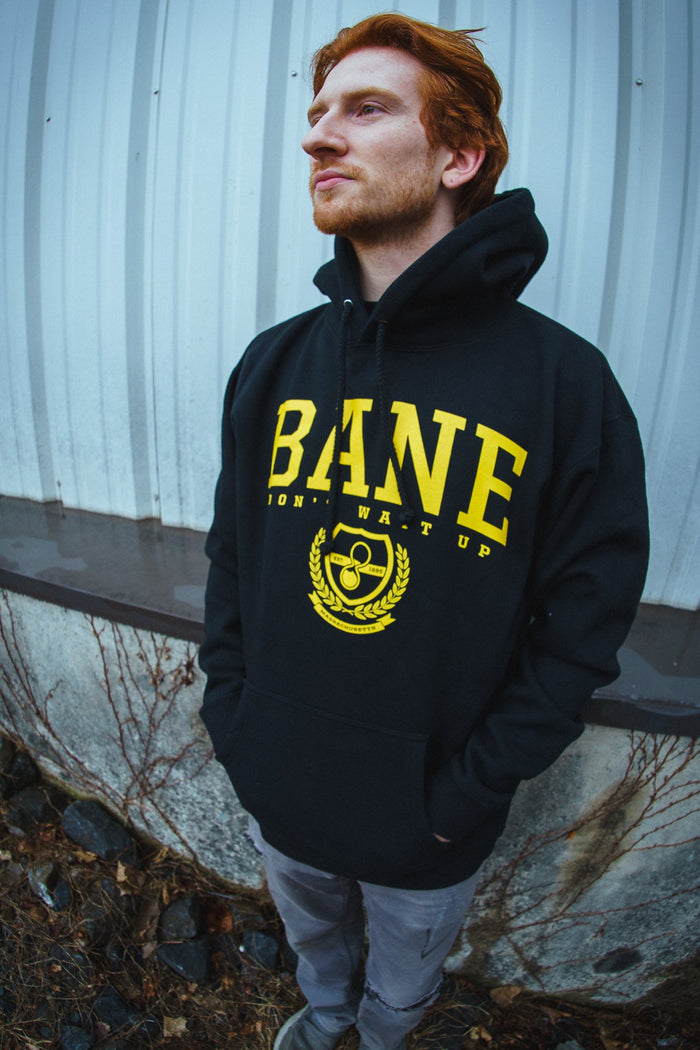 A red-haired, bearded man stands outside before a corrugated metal wall, wearing a Bane Heavyweight Pullover hoodie with bold yellow BANE text and a crest design.