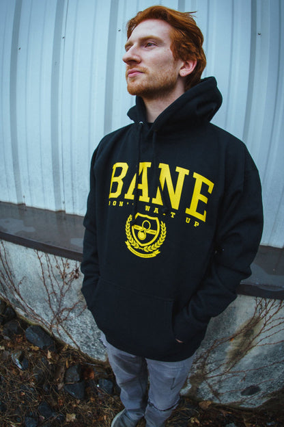 A red-haired, bearded man stands outside before a corrugated metal wall, wearing a Bane Heavyweight Pullover hoodie with bold yellow BANE text and a crest design.