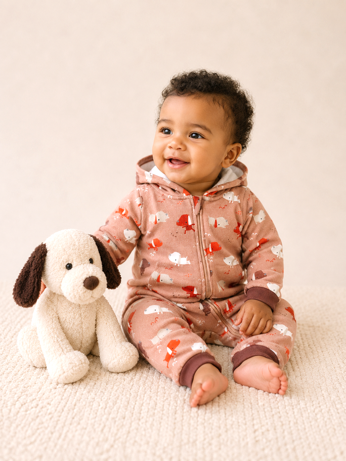 Baby Wearing Yoga Dog Baby Fleece Hooded Zipper Jumpsuit, Organic Cotton by Viverano