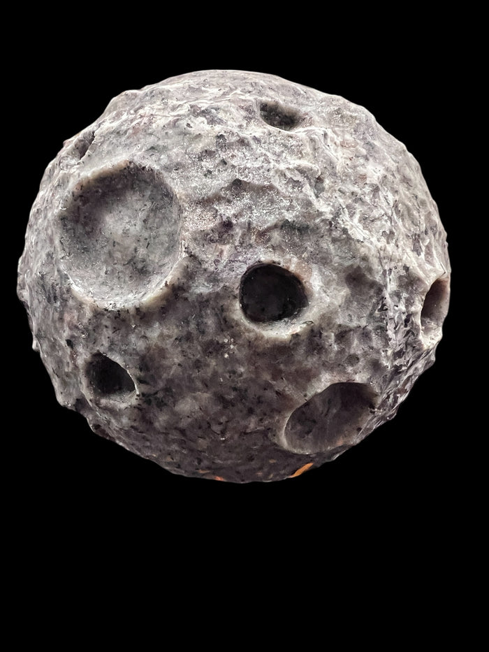 Yooperlite Moon Sphere 3.5 inches glowing under UV light – Raven’s Cauldron 6 N Sandusky St. Delaware, OH 43015