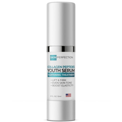 Youth Serum Collagen and Tightening Treatment bottle labeled 5% Syn-Coll 20% Relistase hyaluronic acid Made in USA