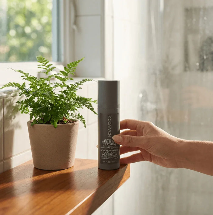 Hand holding leave-in hair repair treatment bottle next to potted plant in bathroom
