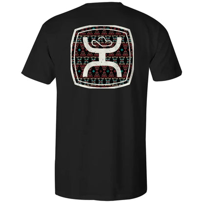 Black t-shirt with a colorful geometric logo on the back against a white background