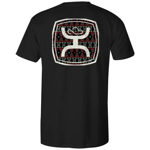 Black t-shirt with a colorful geometric logo on the back against a white background