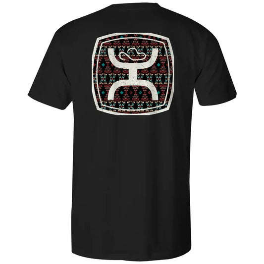 Black t-shirt with a colorful geometric logo on the back against a white background